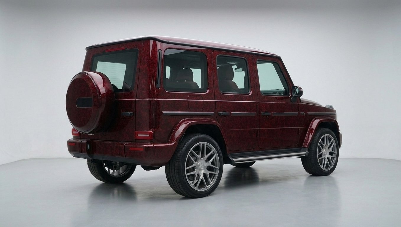 AI-generated rear three-quarter view of the wrapped car