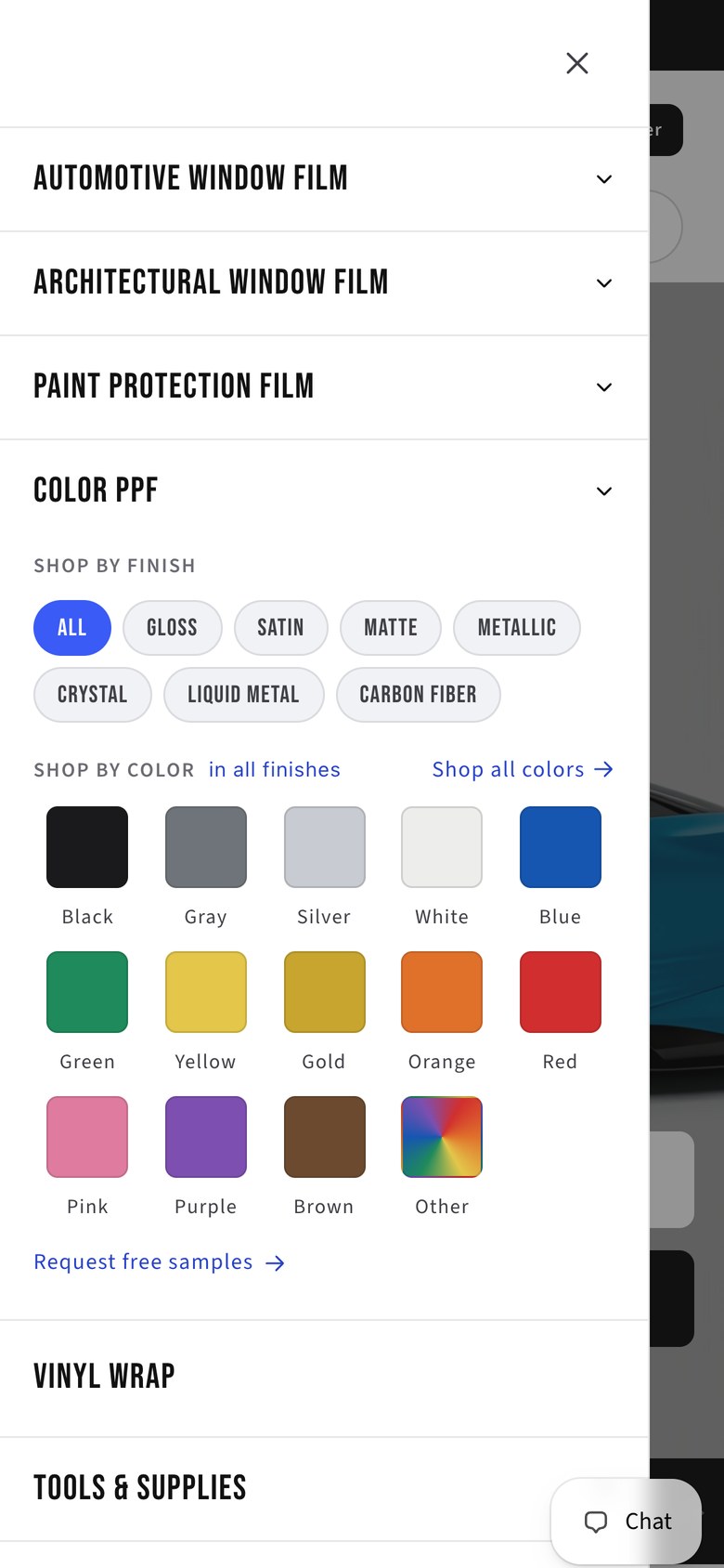 The same menu on mobile with finishes and color swatches in the drawer