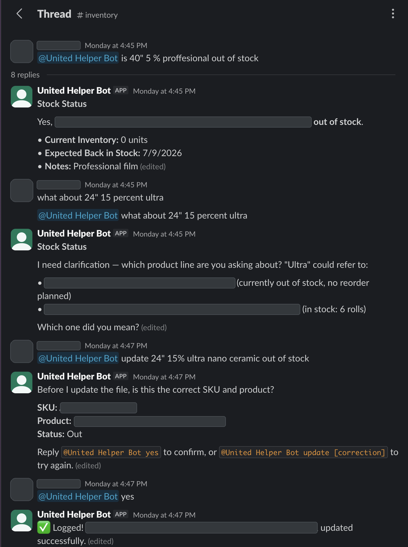 Slack inventory bot answering a stock question